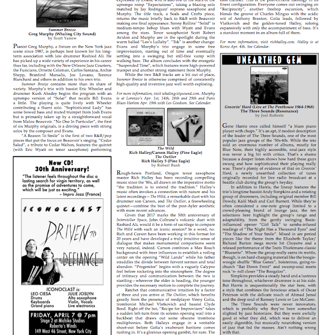 Greg Murphy reviewed in April edition of The New York City Jazz Record