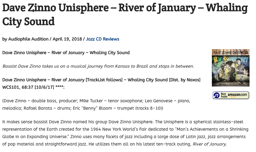 Audiophile Audition reviews Dave Zinno Unisphere’s River of January