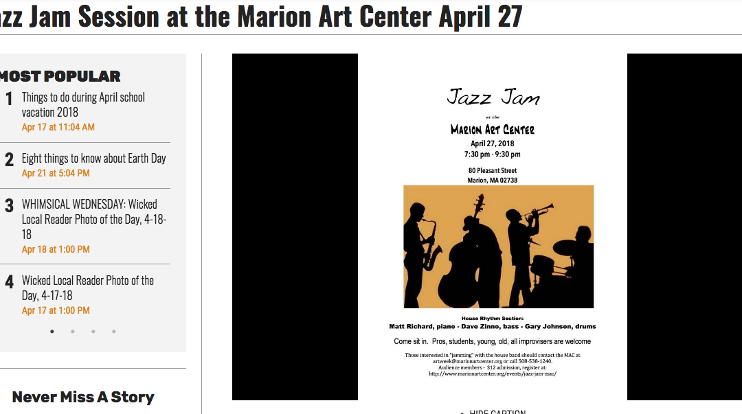Dave Zinno featured in Jazz Jam Session on April 27 at the Marion Art Center – Marion, MA