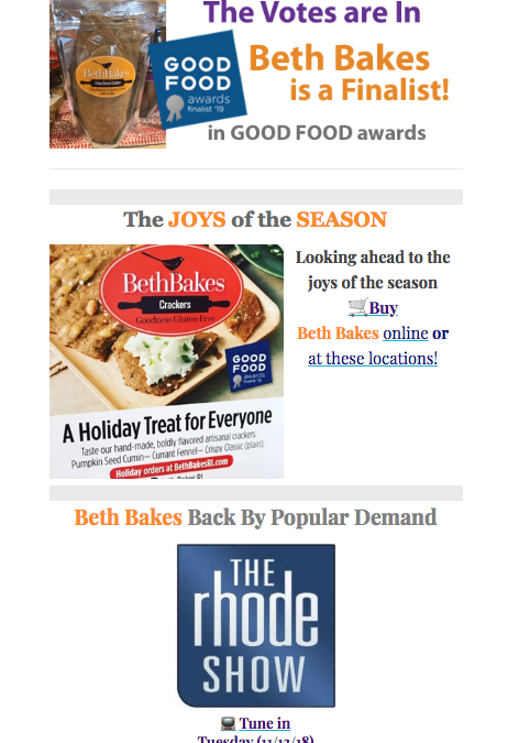 RI’s Beth Bakes returns to WPRI-TV’s The Rhode Show/Crispy Classic Gluten-Free Crackers announced a “Good Food Awards Finalist ’19”