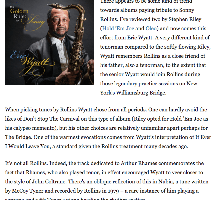 Eric Wyatt puts forth great effort in latest release tributing Sonny Rollins