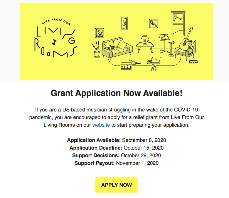 Grant application now available from Live From Our Living Rooms, apply now!