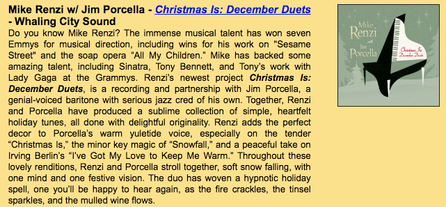 Mike Renzi featured in New World ‘N’ Jazz’s holiday newsletter