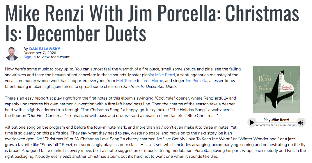 Mike Renzi and Jim Porcella have the “warmth of a fire place” on latest release “Christmas Is: December Duets”