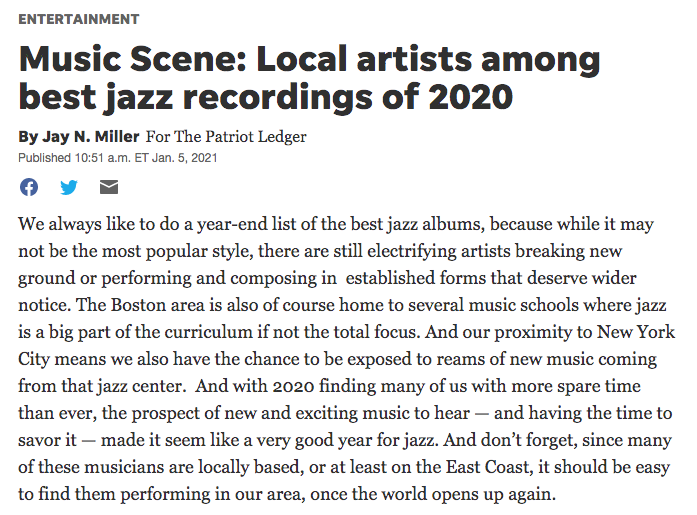 Jim Robitaille, John Stein, and Tim Ray among The Patriot Ledger’s Best Jazz Albums of 2020