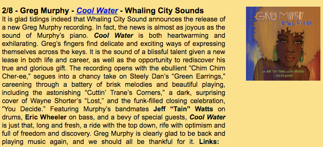 Greg Murphy’s “Cool Water” featured in New World ‘N’ Jazz Newsletter