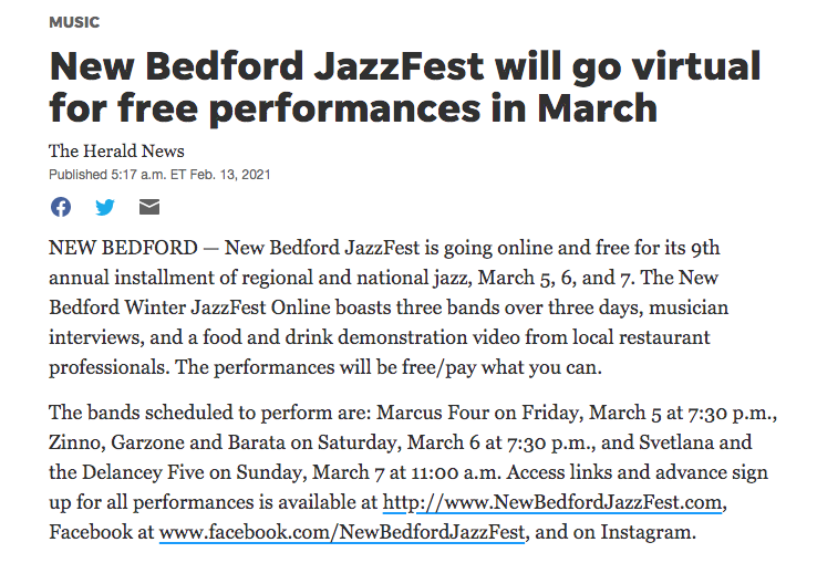 3/5-3/7: Dave Zinno and Marcus Monteiro will both perform for free, virtual New Bedford JazzFest