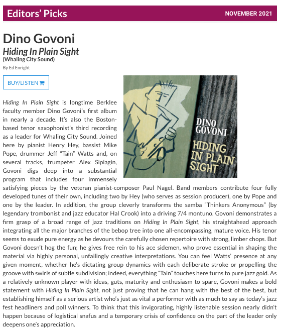 Dino Govoni: DownBeat November 2 Editor’s Pick: “Hiding in Plain Sight”