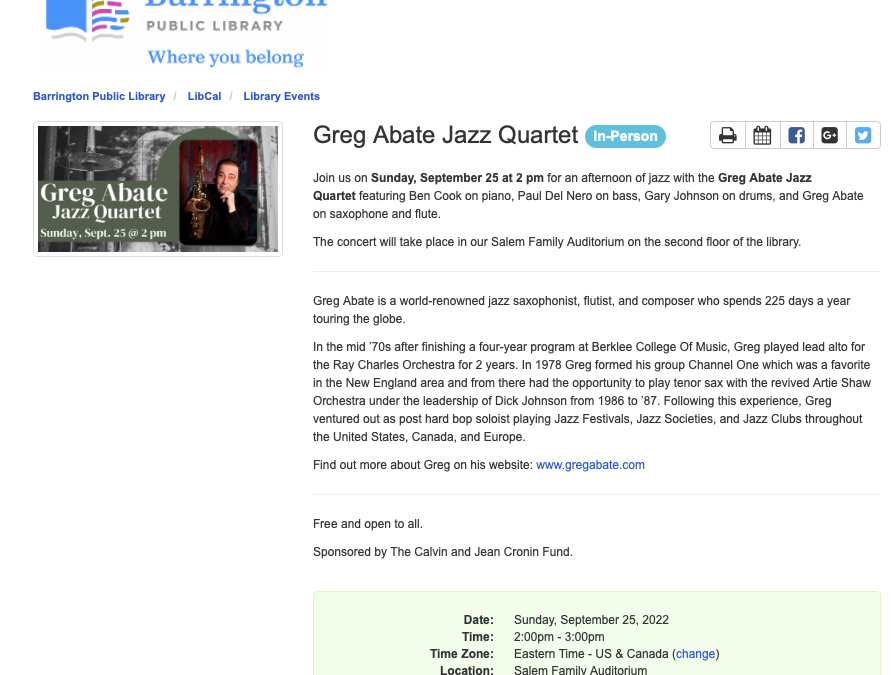 Greg Abate Jazz Quartet playing at Barrington Public Library In Person On Sunday September 25th At 2 pm.