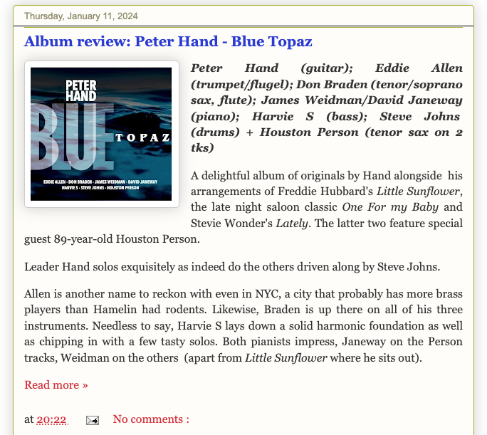 Bebop Album Review: Peter Hand-Blue Topaz