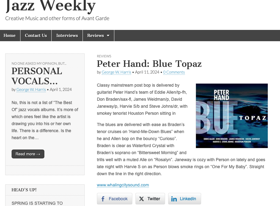 4/11: Jazz Weekly Raves: Peter Hand’s ‘Blue Topaz’ – A Masterful Showcase of Talent and Innovation!